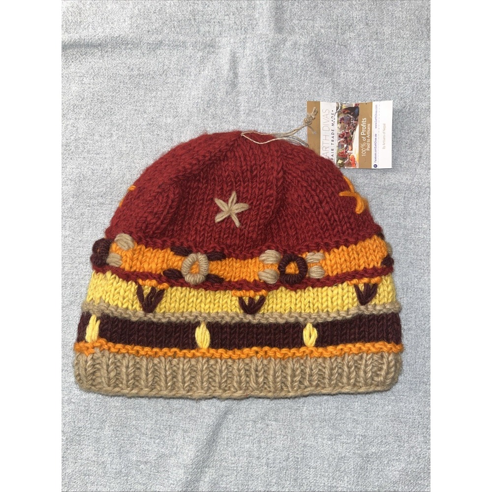 Earth Divas Fair Trade Wool Knit Hat Woman's‎ Multi Colored Nepal One Size